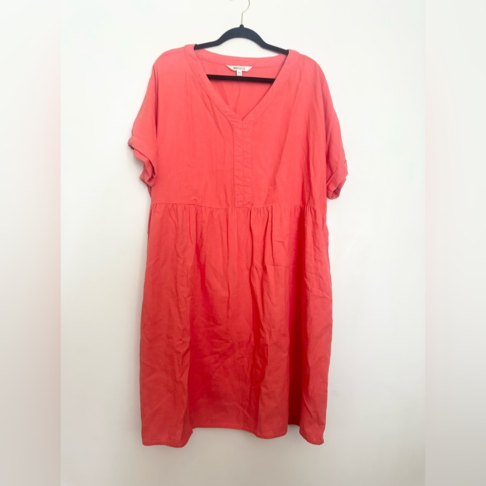 Briggs Ladies V-neck Short Sleeve Linen Blend Midi Shift Coral Dress